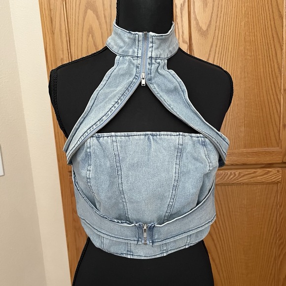 Fashion Nova Tops - Denim Corset Crop Top Size Small w/Zipper Halter Neck Light-Wash